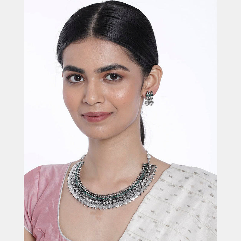 Etnico 18K Silver Oxidised Traditional South Indian Style Coin Necklace With Earrings For Women & Girls (MC062ZG)