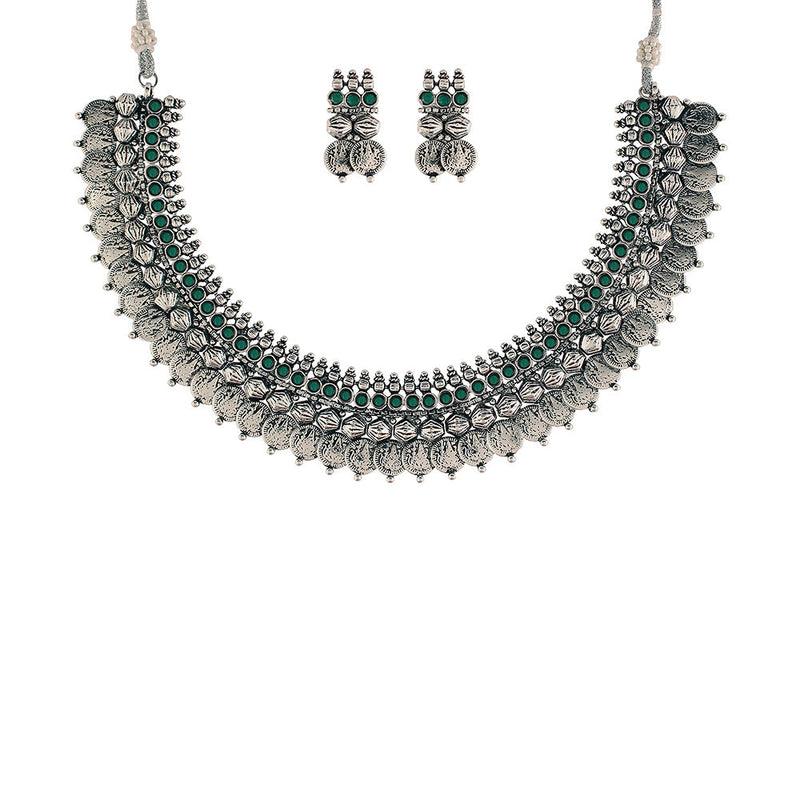 Etnico 18K Silver Oxidised Traditional South Indian Style Coin Necklace With Earrings For Women & Girls (MC062ZG)