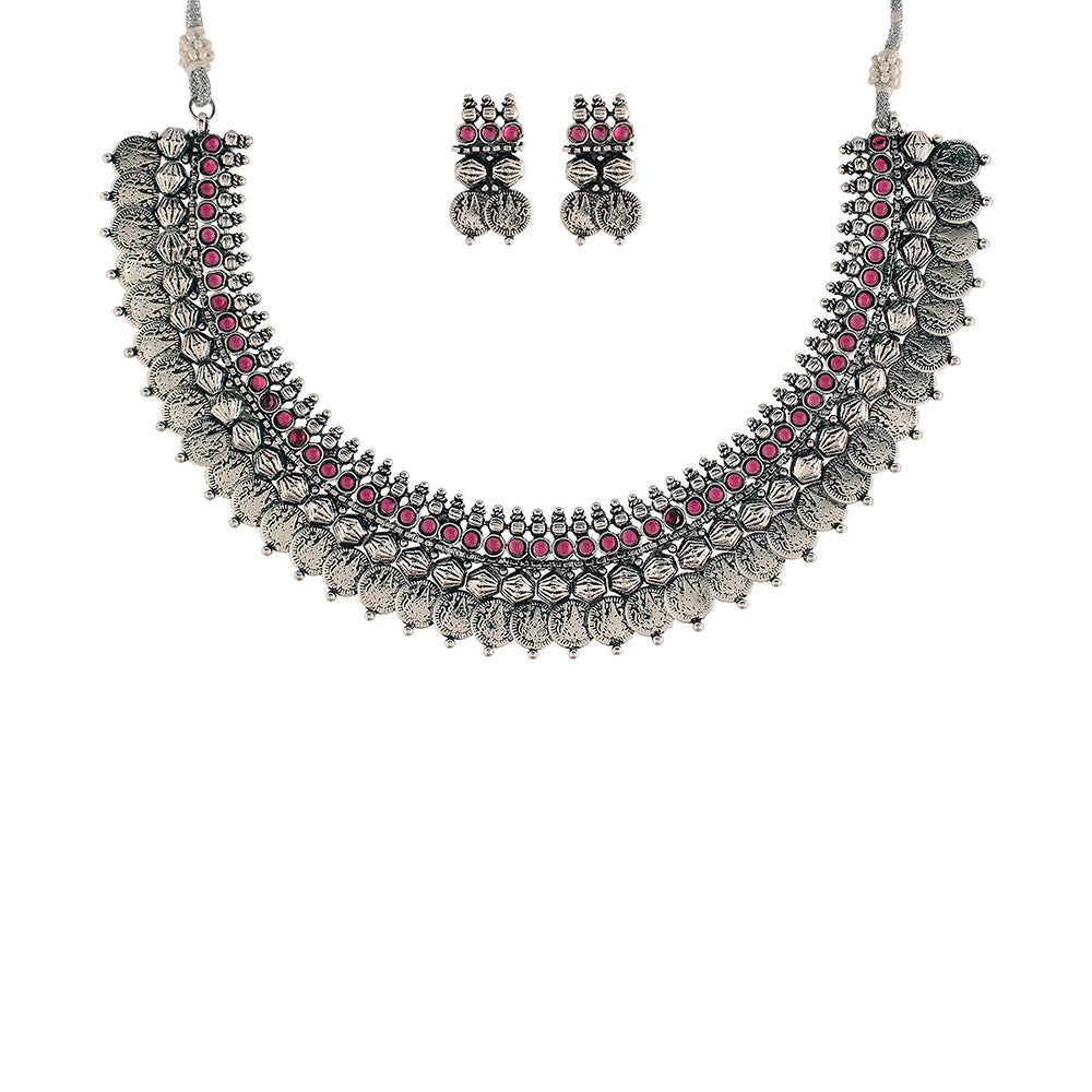 Etnico 18K Silver Oxidised Traditional South Indian Style Coin Necklace With Earrings For Women & Girls (MC062ZQ)