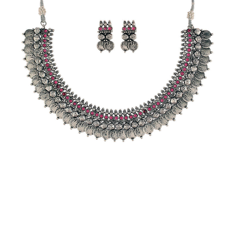 Etnico 18K Silver Oxidised Traditional South Indian Style Coin Necklace With Earrings For Women & Girls (MC062ZQ)