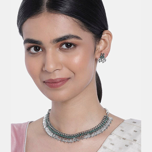 Etnico 18K Silver Oxidised Traditional South Indian Style Coin Necklace With Earrings For Women & Girls (MC063ZG)