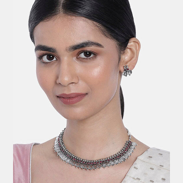 Etnico 18K Silver Oxidised Traditional South Indian Style Coin Necklace With Earrings For Women & Girls (MC063ZQ)