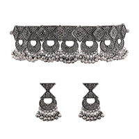 Etnico Oxidised German Silver Plated Afghani Choker Necklace Jewellery Set for Women (MC065)