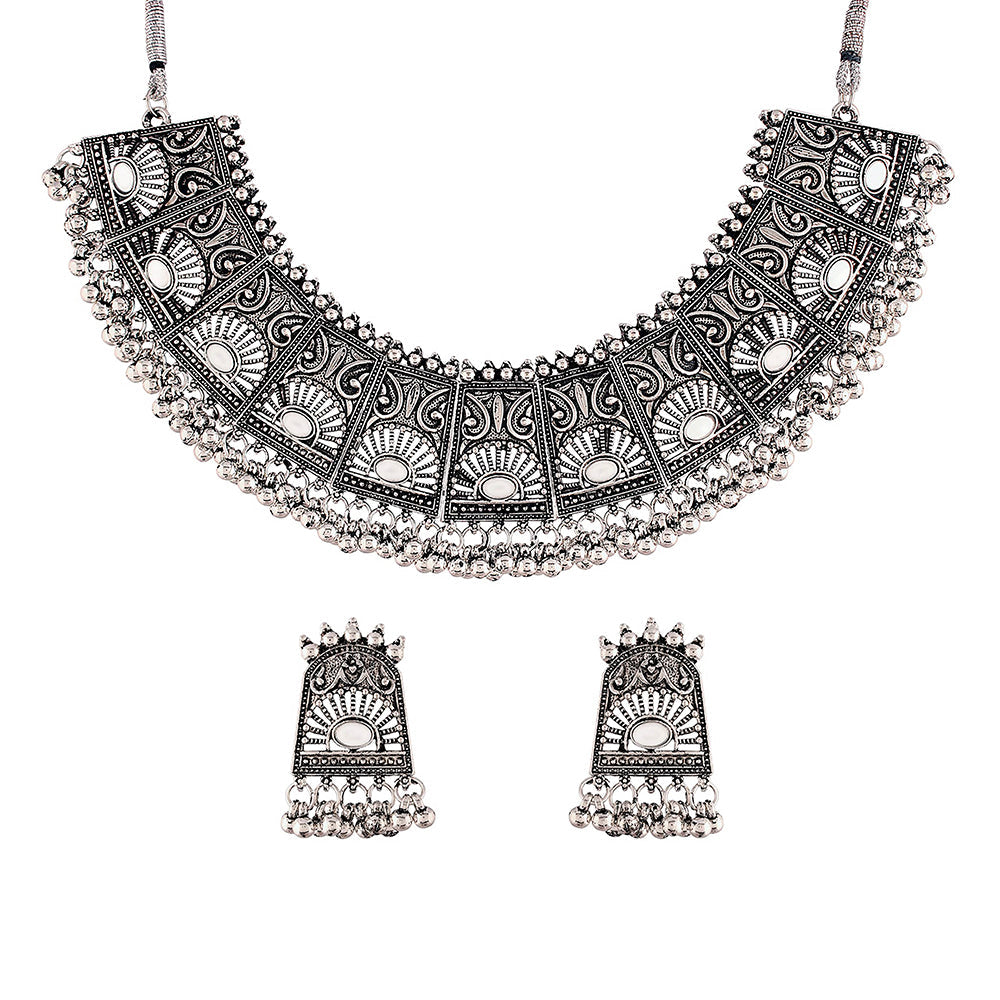 Etnico Oxidised Silver Plated Afghani Choker Necklace Jewellery Set for Women (MC066)