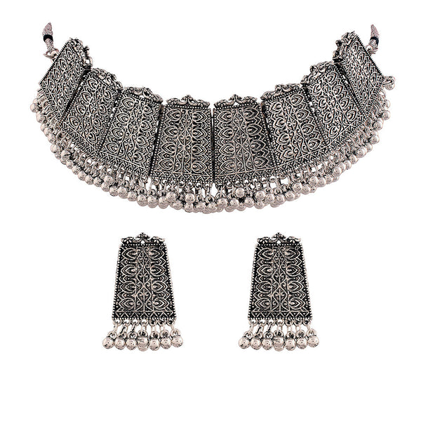 Etnico Oxidised Silver Plated Afghani Choker Necklace Jewellery Set for Women (MC068)