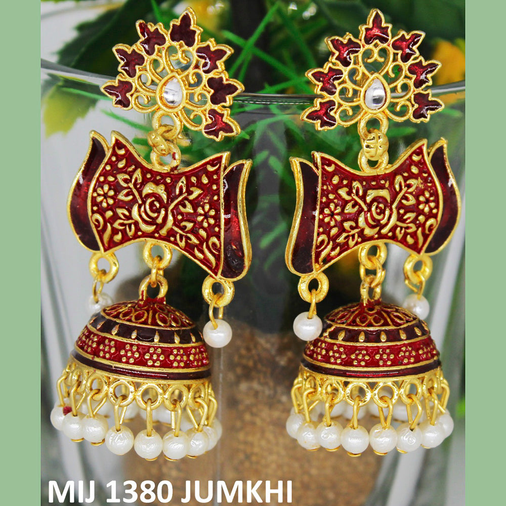 Mahavir Gold Plated Meenakari And Pearl Designer Jhumki Earrings