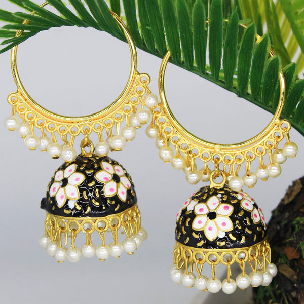 Mahavir Gold Plated Meenakari And Pearl Designer Jhumki Earrings