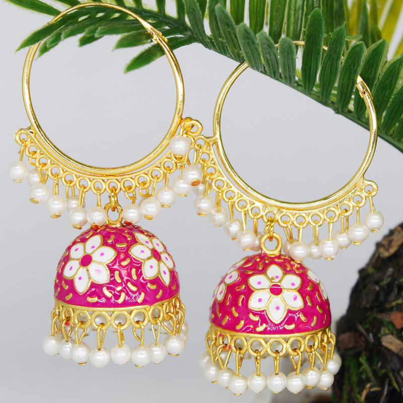 Mahavir Gold Plated Meenakari And Pearl Designer Jhumki Earrings