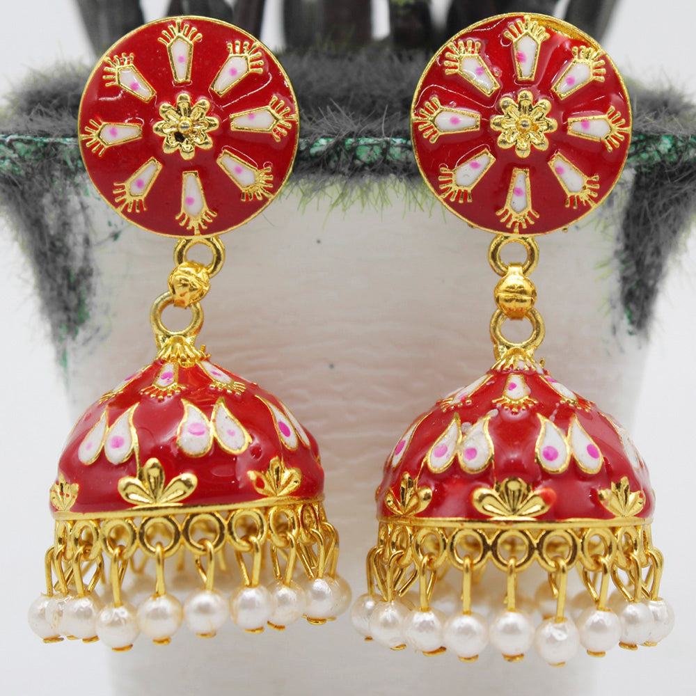 Mahavir Gold Plated Meenakari And Pearl Designer Jhumki Earrings
