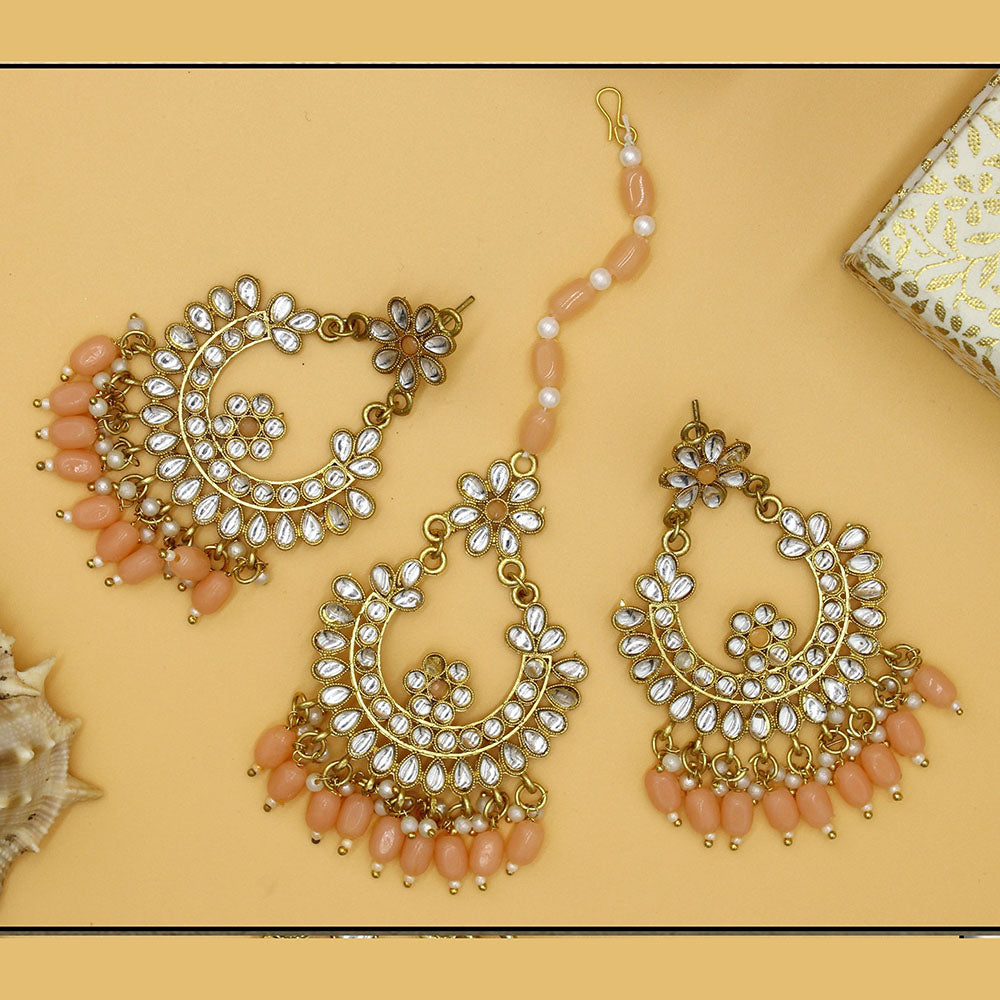 Mahavir Gold Plated Kundan & Meenakari Earrings With Maangtikka