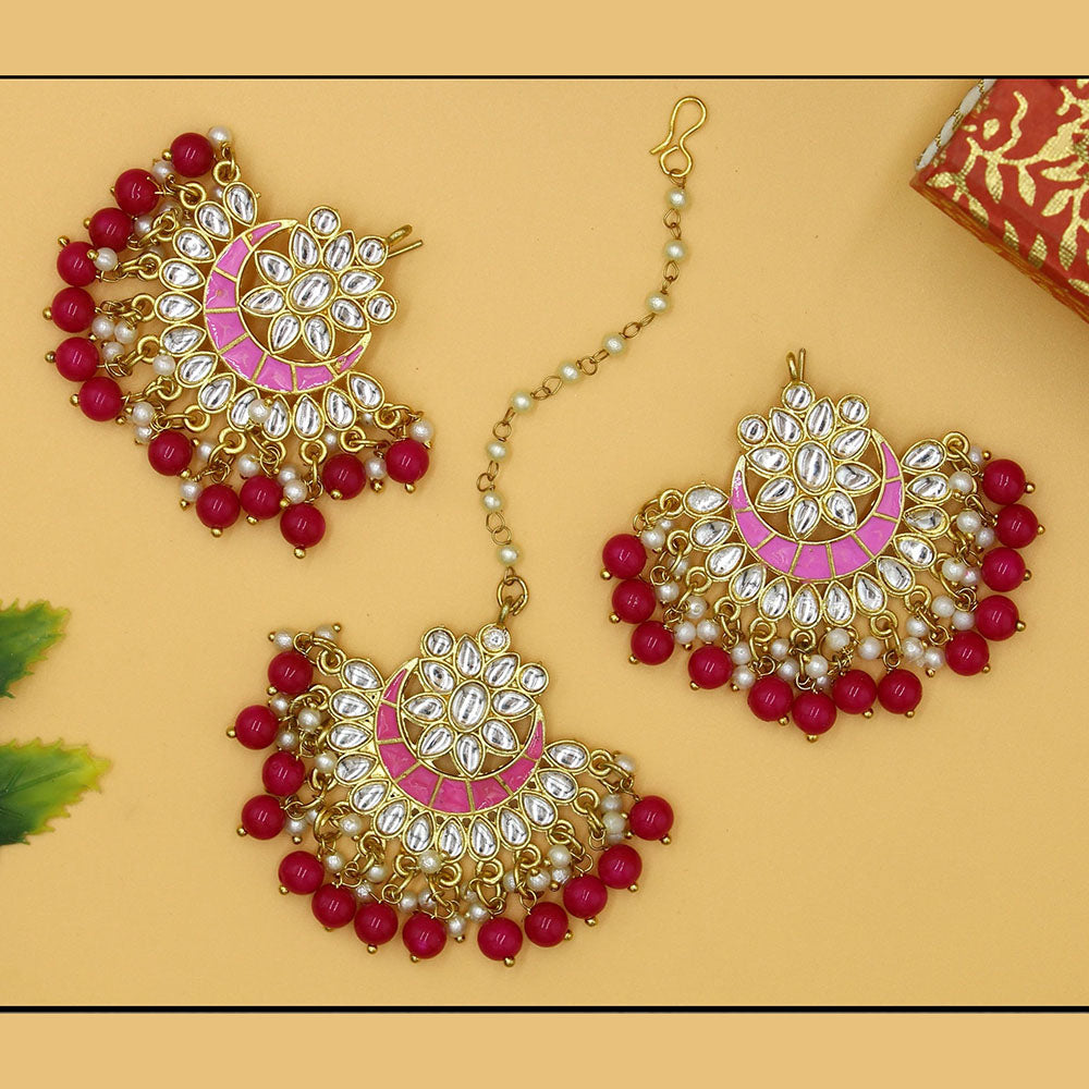 Mahavir Gold Plated Kundan & Meenakari Earrings With Maangtikka