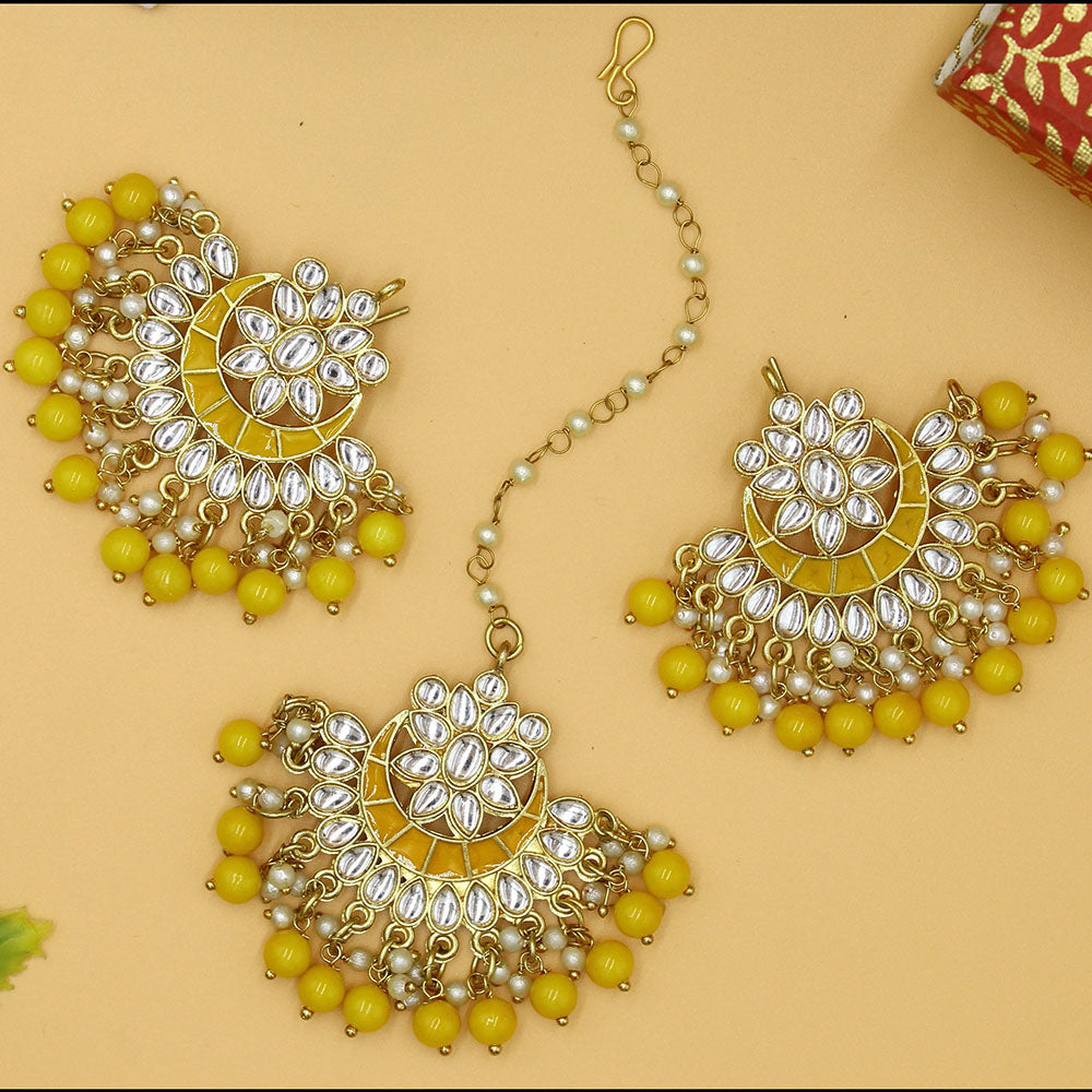 Mahavir Gold Plated Kundan & Meenakari Earrings With Maangtikka