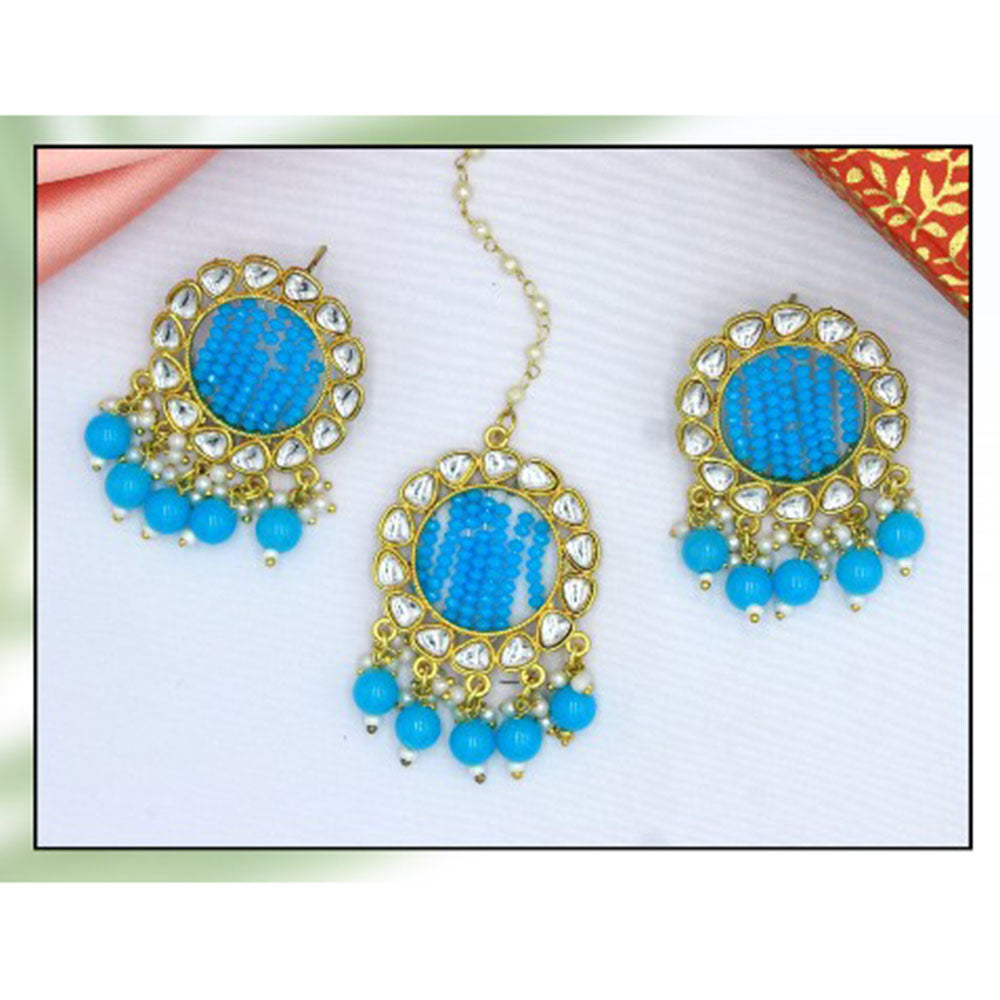 Mahavir Gold Plated Kundan & Beads Earrings With Maangtikka