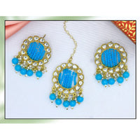 Mahavir Gold Plated Kundan & Beads Earrings With Maangtikka