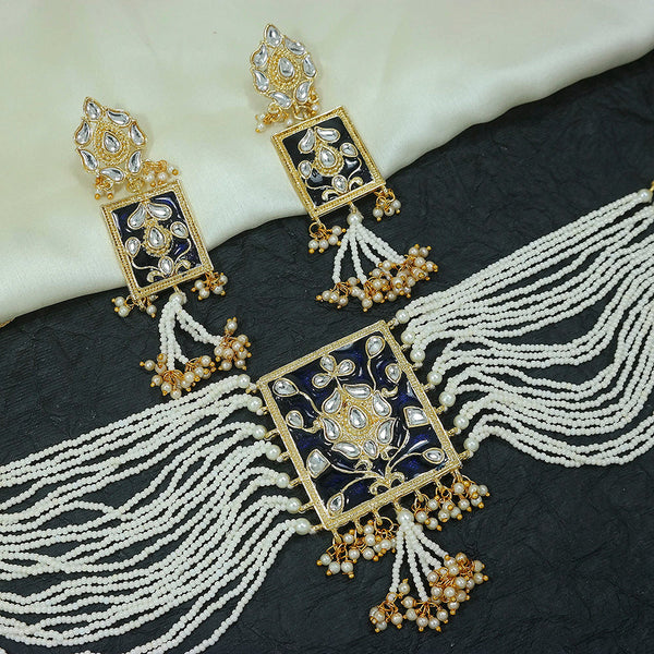 Etnico 18K Gold Plated Traditional Padmavati Pearl & Kundan Meenakari Necklace Jewellery With Earrings For Women (ML118Bl)