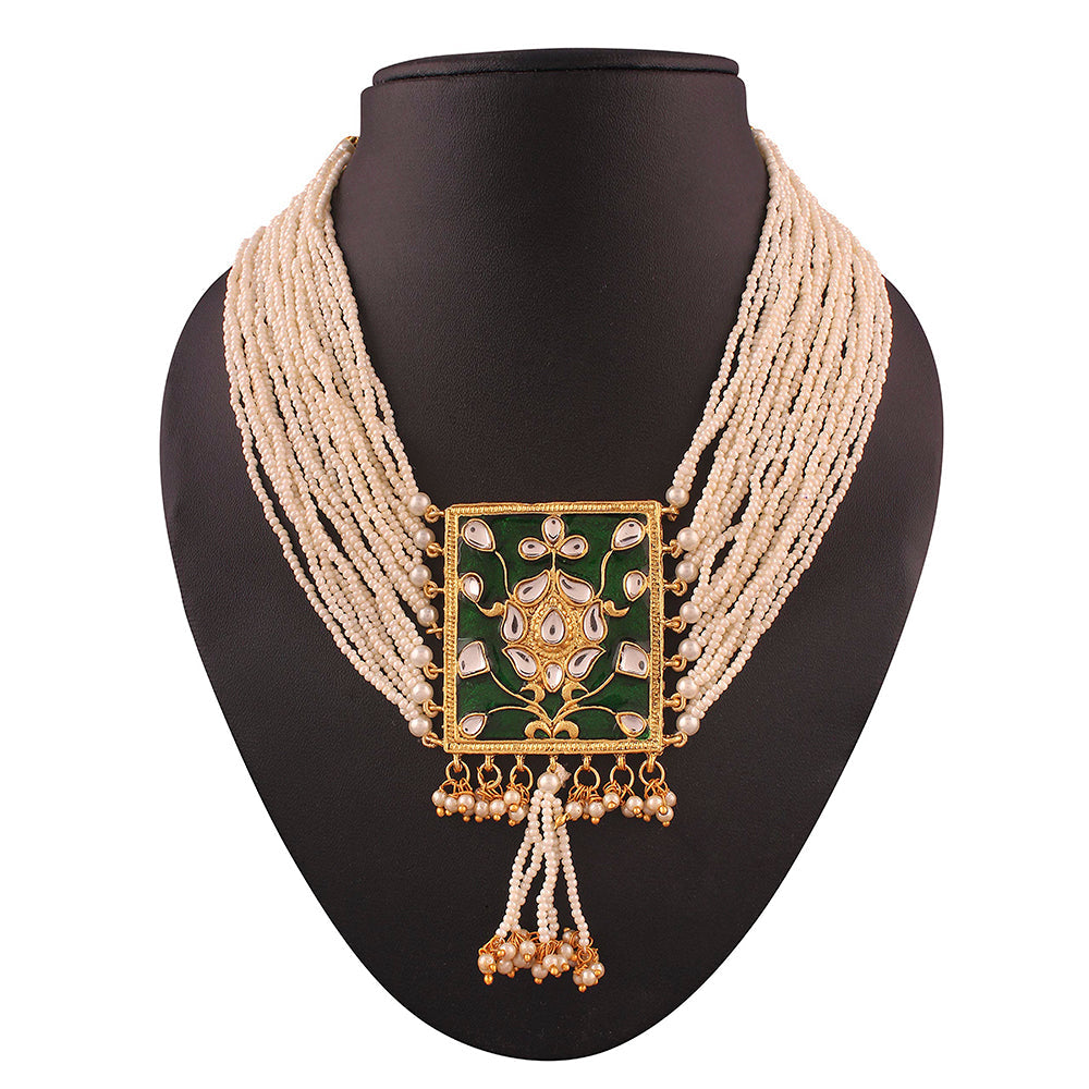 Etnico 18K Gold Plated Traditional Padmavati Pearl & Kundan Meenakari Necklace Jewellery With Earrings For Women (ML118G)