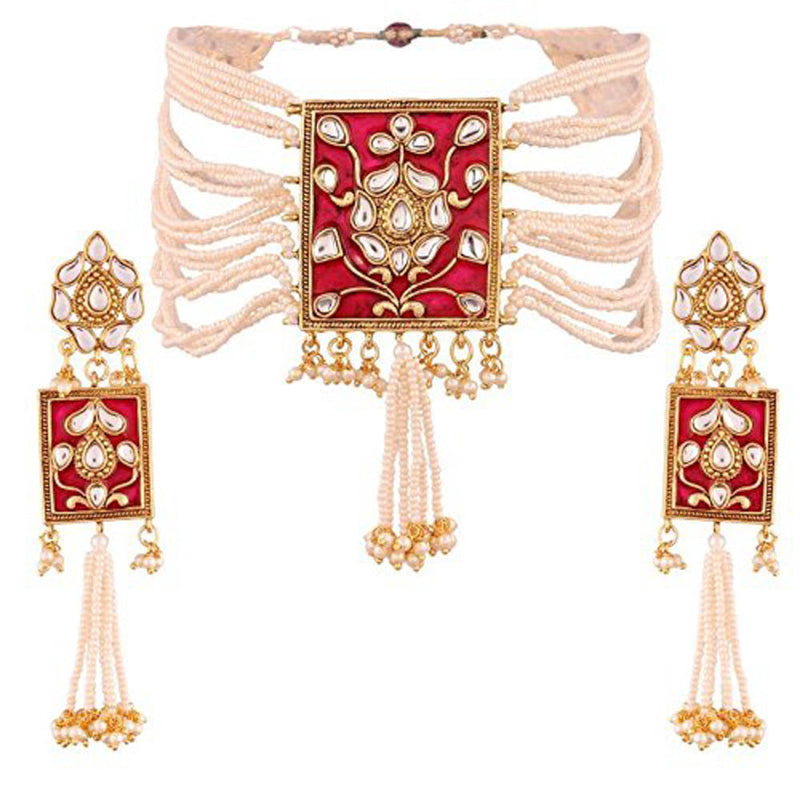 Etnico 18K Gold Plated Traditional Padmavati Pearl & Kundan Meenakari Necklace Jewellery With Earrings For Women (ML118Q)