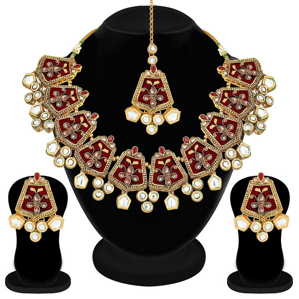 Etnico 18K Gold Plated Kundan Studded Meenakari Bridal Choker Necklace Jewellery Set with Earrings & Maang Tikka for Women (ML134M)
