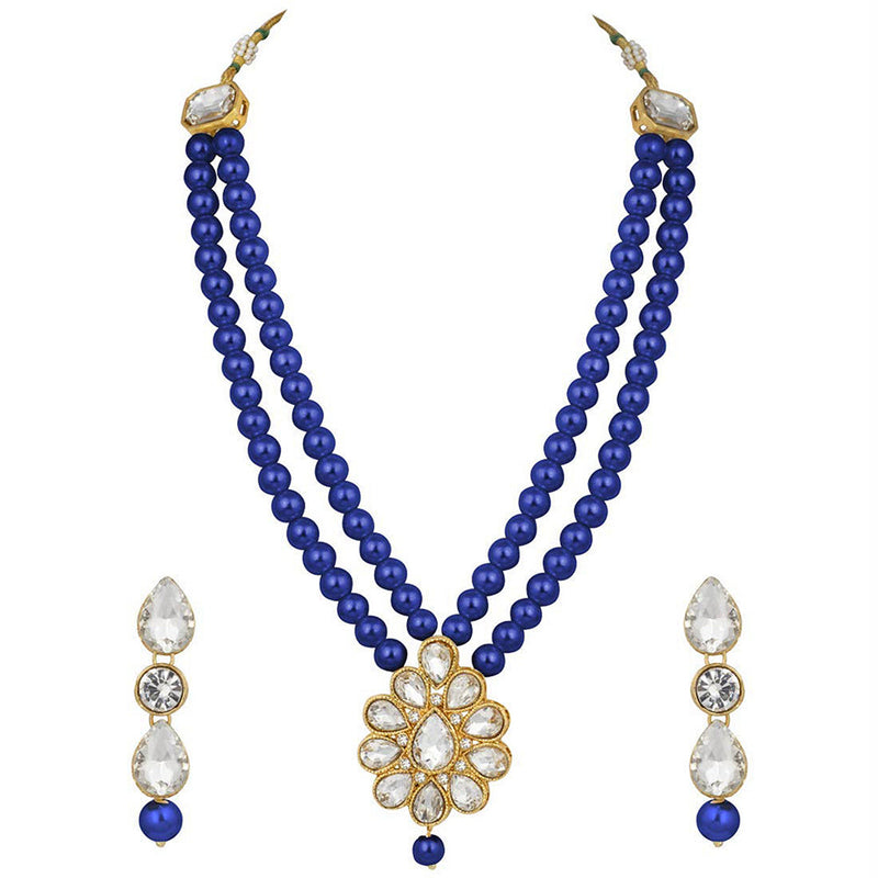 Etnico 18K Gold Plated Traditional Pearl & Stone Studded Necklace Jewellery Set With Earrings For Women (ML140Bl)