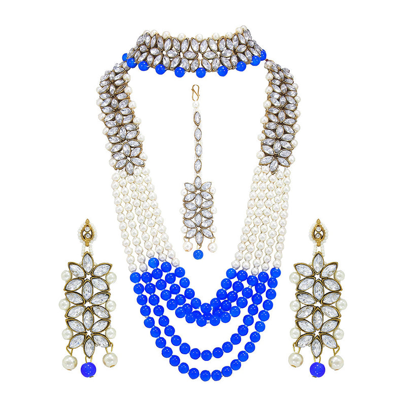 Etnico 18K Gold Plated Traditional 5 Layers Kundan & Pearl Beaded Moti Raani Haar Necklace Jewellery Set For Women (ML164BLCO)
