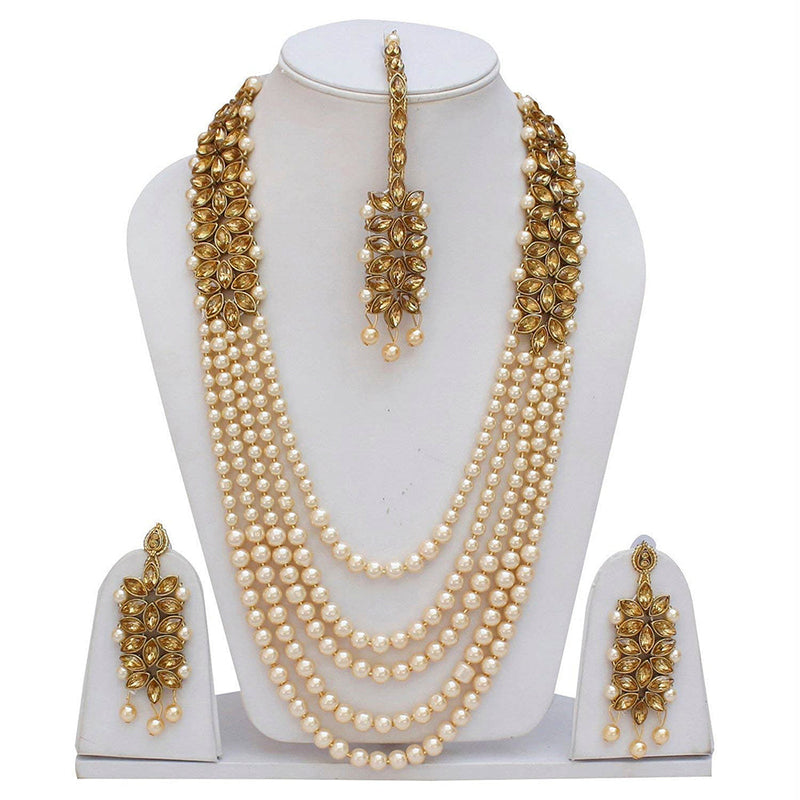 Etnico 18K Gold Plated Traditional 5 Layers Kundan & Pearl Beaded Moti Raani Haar Necklace Jewellery Set For Women (ML164FL)