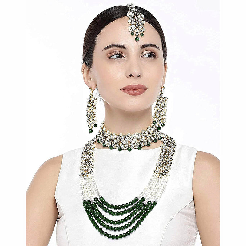 Etnico 18K Gold Plated Traditional 5 Layers Kundan & Pearl Beaded Moti Raani Haar Necklace Jewellery Set For Women (ML164GCO)