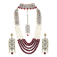 Etnico 18K Gold Plated Traditional 5 Layers Kundan & Pearl Beaded Moti Raani Haar Necklace Jewellery Set For Women (ML164MCO)