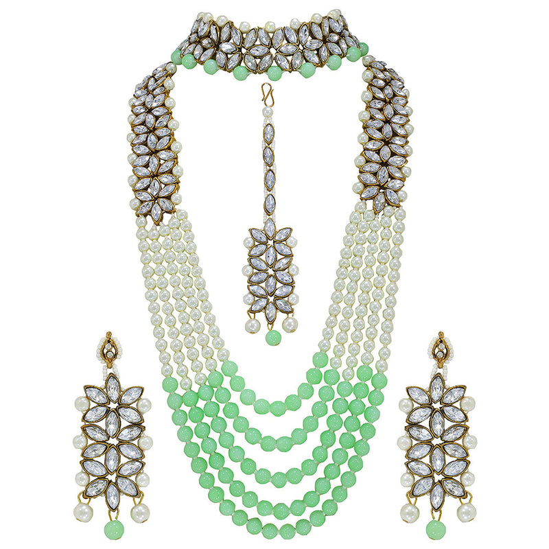 Etnico 18K Gold Plated Traditional 5 Layers Kundan & Pearl Beaded Moti Raani Haar Necklace Jewellery Set For Women (ML164MinCO)