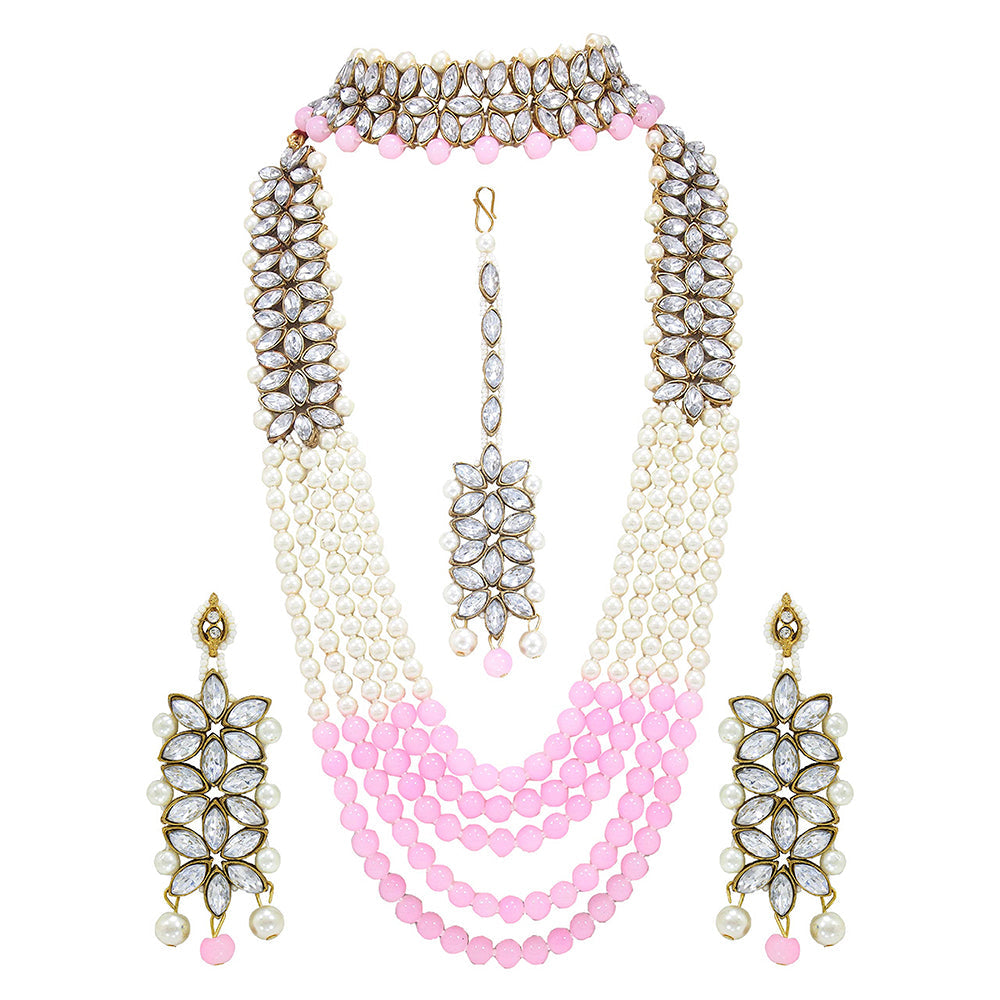 Etnico 18K Gold Plated Traditional 5 Layers Kundan & Pearl Beaded Moti Raani Haar Necklace Jewellery Set For Women (ML164PiCO)