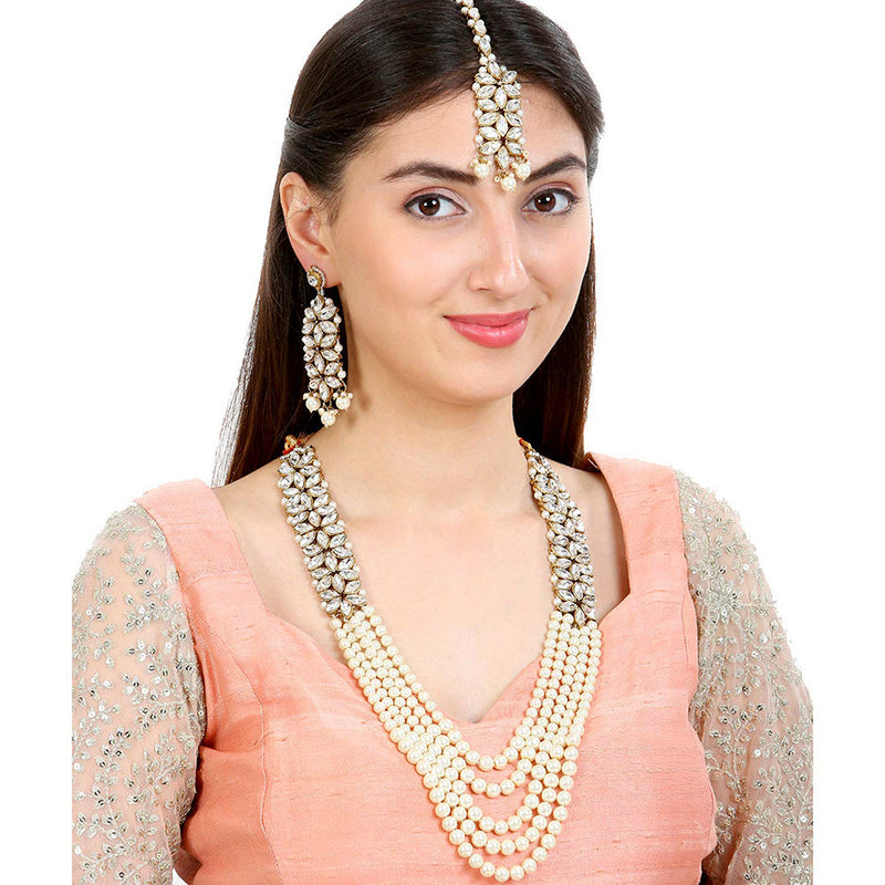 Etnico 18K Gold Plated Traditional 5 Layers Kundan & Pearl Beaded Moti Raani Haar Necklace Jewellery Set For Women (ML164W)
