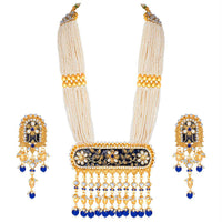 Etnico 18K Gold Plated Traditional Pearl Beaded Multi Strand Meena Work Long Necklace Jewellery Set & Earrings Set For Women (ML181Bl)