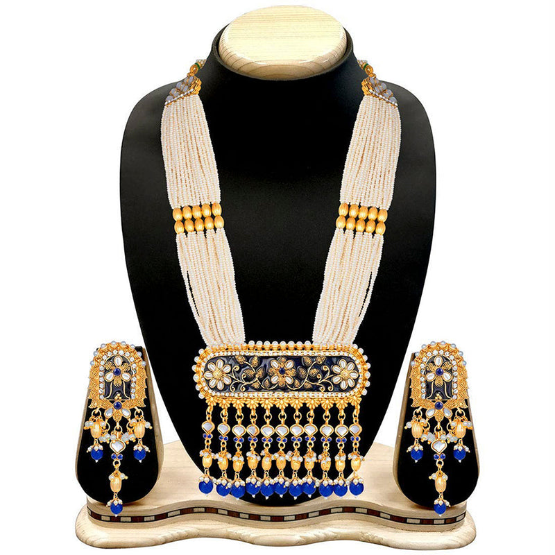 Etnico 18K Gold Plated Traditional Pearl Beaded Multi Strand Meena Work Long Necklace Jewellery Set & Earrings Set For Women (ML181Bl)