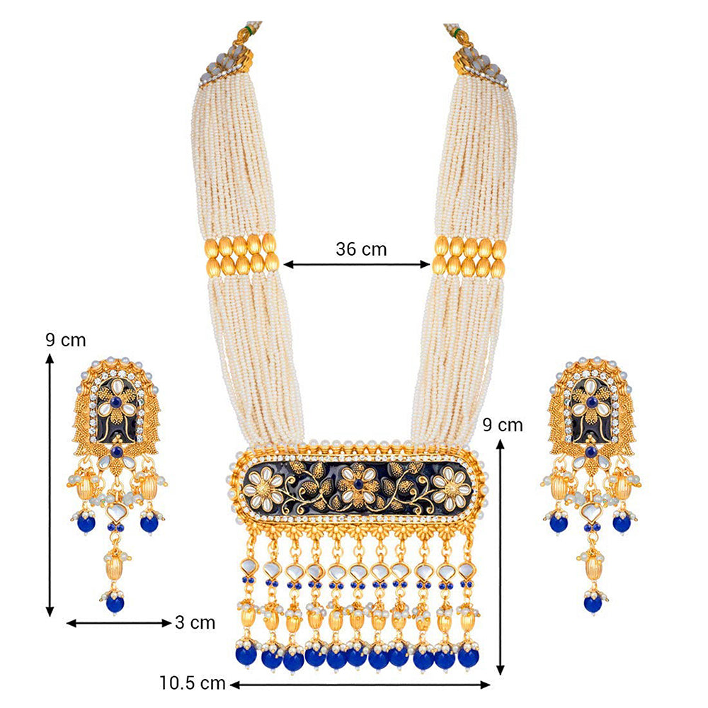 Etnico 18K Gold Plated Traditional Pearl Beaded Multi Strand Meena Work Long Necklace Jewellery Set & Earrings Set For Women (ML181Bl)