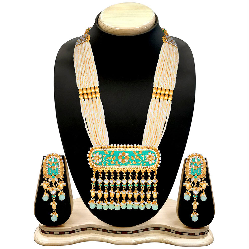 Etnico 18K Gold Plated Traditional Pearl Beaded Multi Strand Meena Work Long Necklace Jewellery Set & Earrings Set For Women (ML181Min)