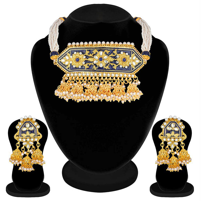 Etnico Traditional Gold Plated Kundan Pearl Meena Work Choker Jewellery set with Jhumkis For Women (ML185Bl)