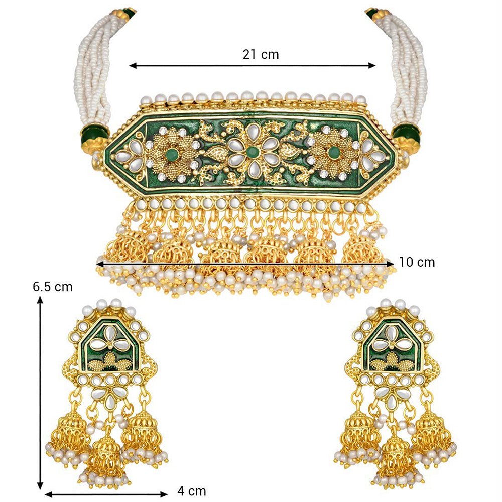 Etnico Traditional Gold Plated Kundan Pearl Meena Work Choker Jewellery set with Jhumkis For Women (ML185G)