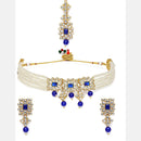 Etnico 18K Gold Plated Beaded Choker Set Studded with Pearl & Kundan with Earrings & Maang Tikka for Women (ML224Bl)