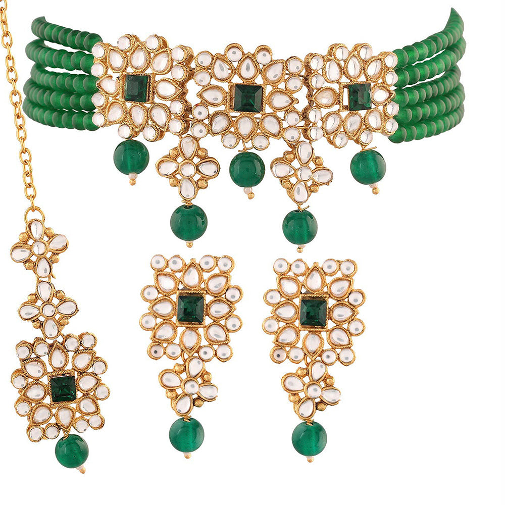 Etnico 18K Gold Plated Traditional Pearl & Kundan Studded Choker Necklace Jewellery Set with Earrings & Maang Tikka for Women (ML224G-1)
