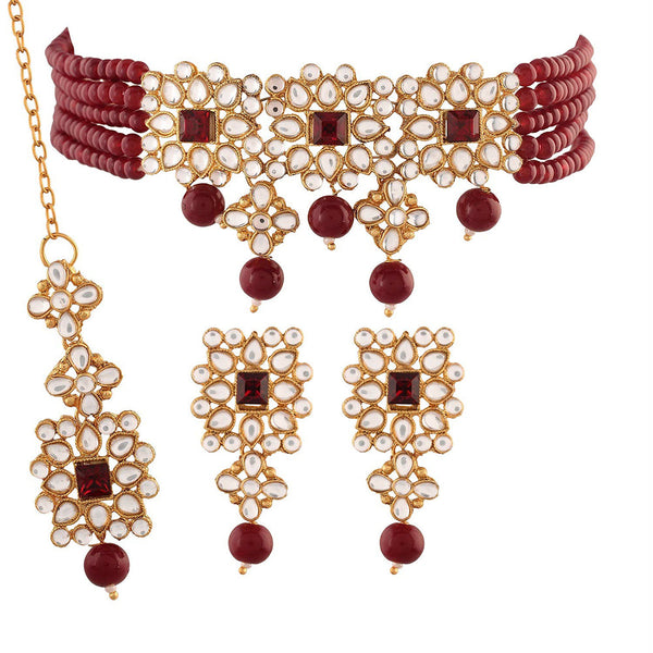 Etnico 18K Gold Plated Traditional Pearl & Kundan Studded Choker Necklace Jewellery Set with Earrings & Maang Tikka for Women (ML224M-1)