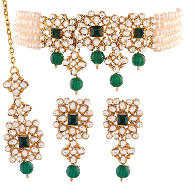 Etnico 18K Gold Plated Traditional Pearl & Kundan Studded Choker Necklace Jewellery Set with Earrings & Maang Tikka for Women (ML224WG-1)