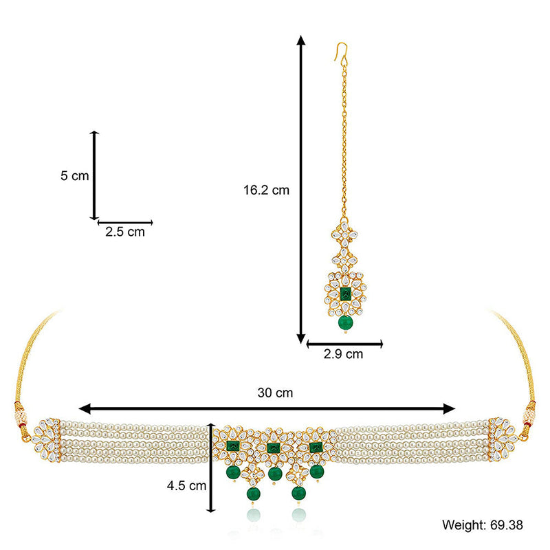 Etnico 18K Gold Plated Traditional Pearl & Kundan Studded Choker Necklace Jewellery Set with Earrings & Maang Tikka for Women (ML224WG-1)