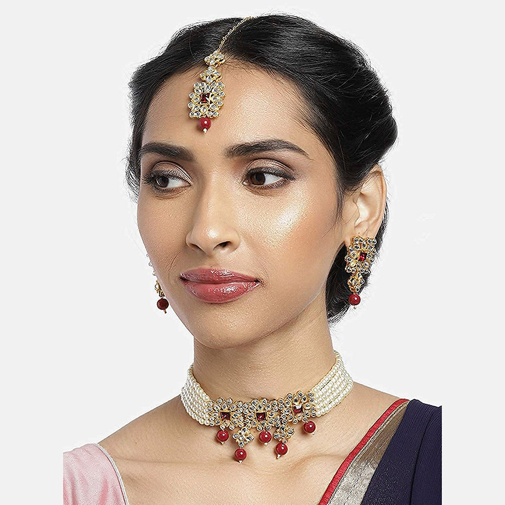 Etnico 18K Gold Plated Traditional Pearl & Kundan Studded Choker Necklace Jewellery Set with Earrings & Maang Tikka for Women (ML224WM-1)