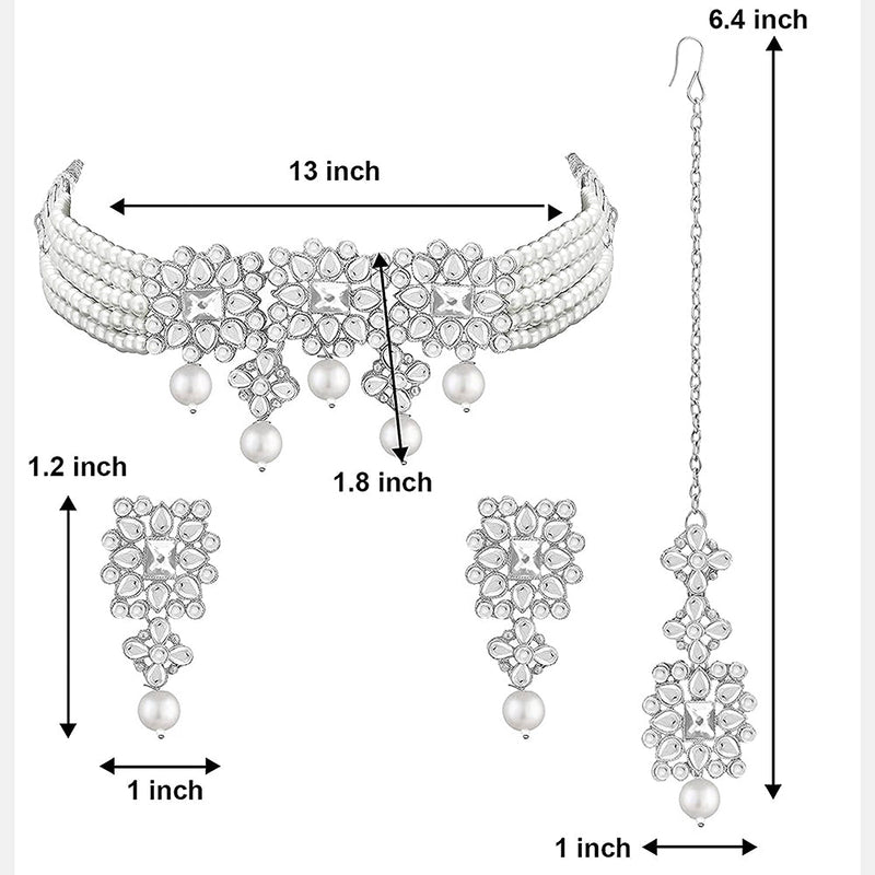 Etnico 18K Rhodium Plated Pearl & Kundan Studded Choker Necklace Jewellery Set with Earrings & Maang Tikka for Women (ML224ZW)