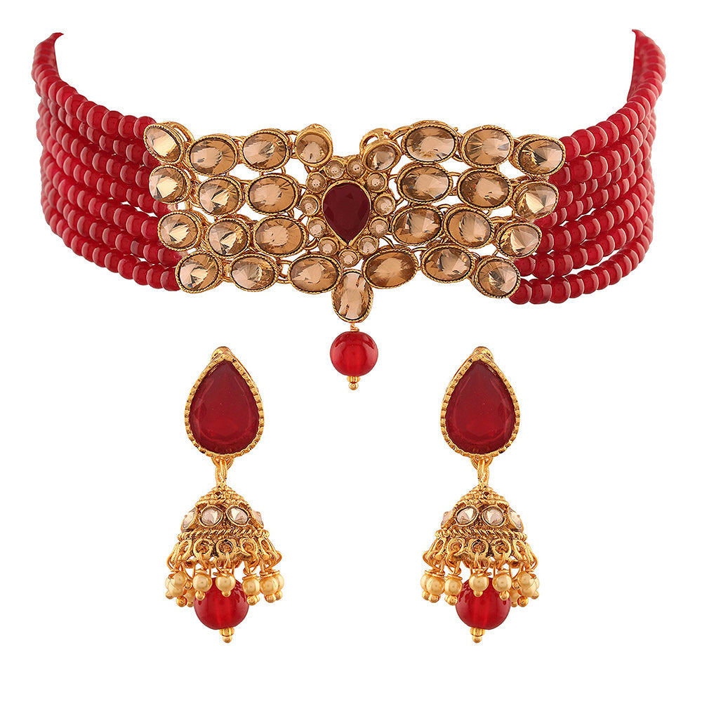 Etnico Traditional Gold Plated Kundan & Beads Choker Necklace Jewellery Set for Women (ML231M)