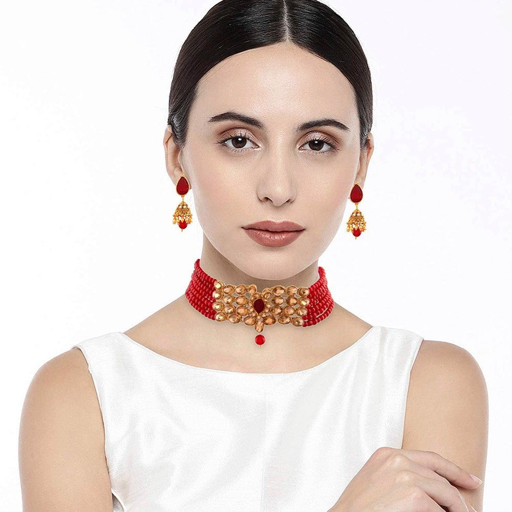 Etnico Traditional Gold Plated Kundan & Beads Choker Necklace Jewellery Set for Women (ML231M)