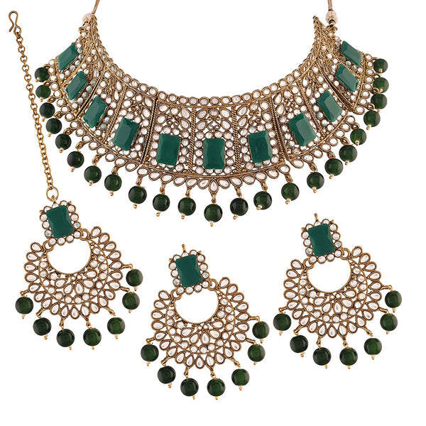 Etnico Traditional Gold Plated Beads & Kundan Choker Necklace Jewellery Set With Maang Tikka for Women (ML232G)