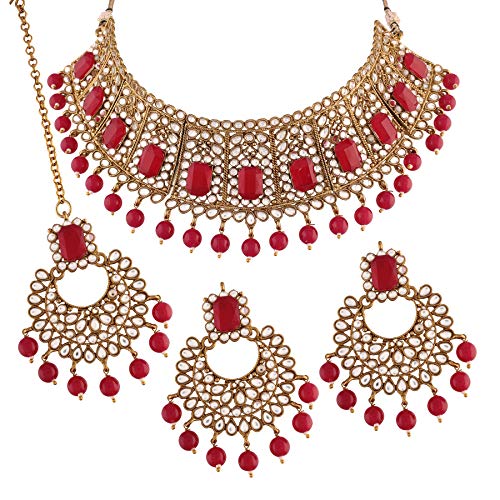 Etnico Traditional Gold Plated Kundan & Beads Choker Necklace Jewellery Set with Maang Tiika for Women