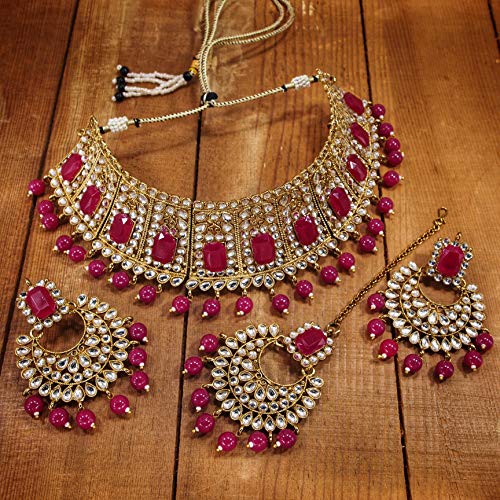 Etnico Traditional Gold Plated Kundan & Beads Choker Necklace Jewellery Set with Maang Tiika for Women
