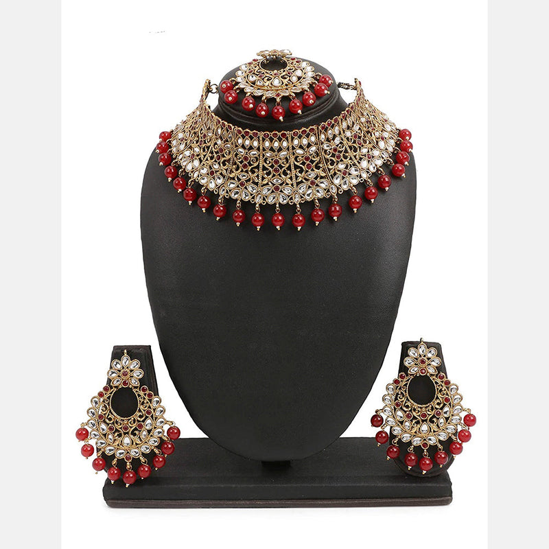 Etnico 18K Gold Plated Traditional Choker With Earrings & Maang Tikka Encased With Kundan (M4160M)