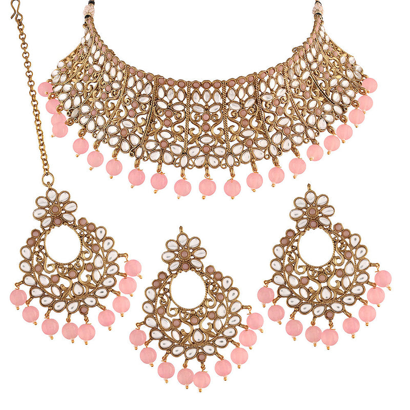 Etnico Traditional Gold Plated Kundan & Beads Choker Necklace Jewellery Set with Maang Tikka for Women (ML233Pi)